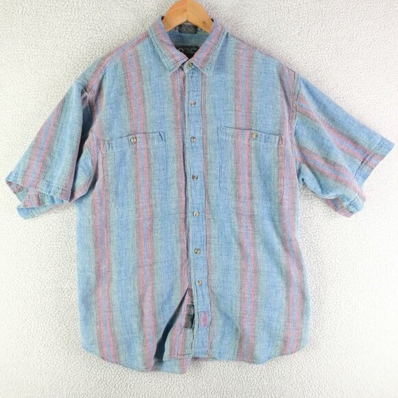 Muskoka Lakes Shirt Mens Laqrge Blue Red Striped Button Up Textured Vintage 90s - Picture 1 of 8